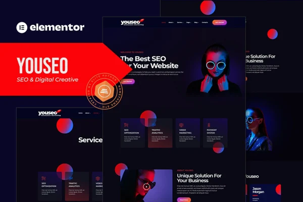 Youseo SEO and digital agency Elementor template kit preview with dark page designs