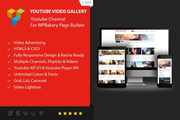 Youtube Gallery addon for WPBakery Page Builder banner with a grid of video thumbnails