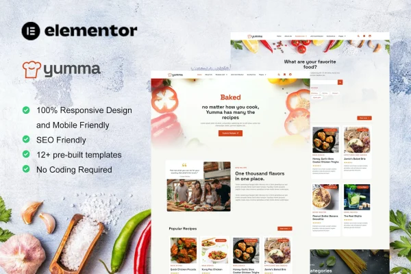 Yumma food recipe Elementor template kit preview