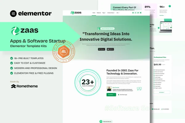 Zaas apps and software startup Elementor template kit preview