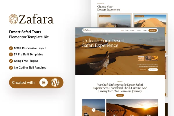 Zafara desert safari tours Elementor template kit preview
