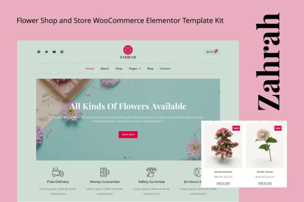 Zahrah flower shop Elementor template kit preview