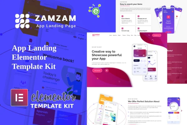 Zamzam app landing Elementor template kit preview