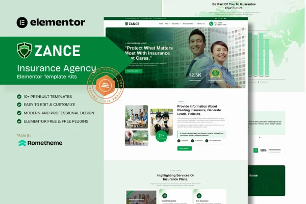 Zance insurance agency Elementor template kit preview