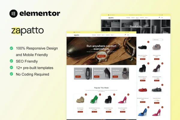 Zapatto shoe store Elementor template kit preview with homepage and shop layouts
