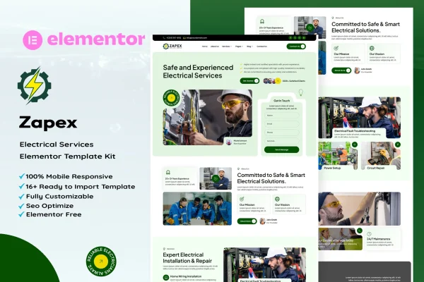 Zapex electrical services Elementor template kit preview