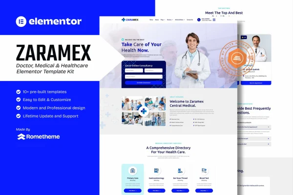 Zaramex medical and healthcare Elementor template kit preview