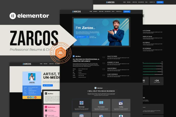 Zarcos resume and CV Elementor template kit preview