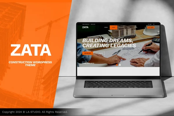 Zata construction WordPress theme preview with project and service sections