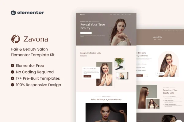 Zavona hair and beauty salon Elementor template kit preview