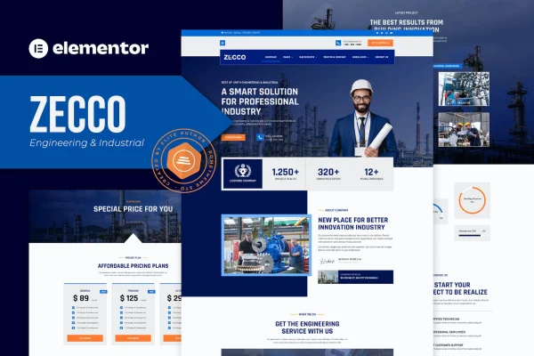 Zecco engineering and industrial company Elementor template kit cover
