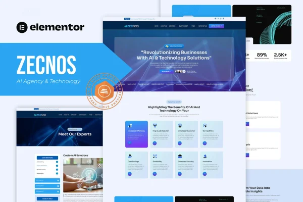 Zecnos AI agency and technology Elementor template kit preview