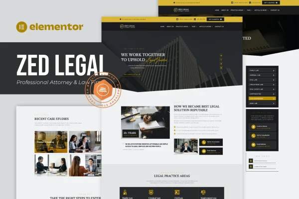 Zed Legal Elementor template kit preview showing law firm website pages