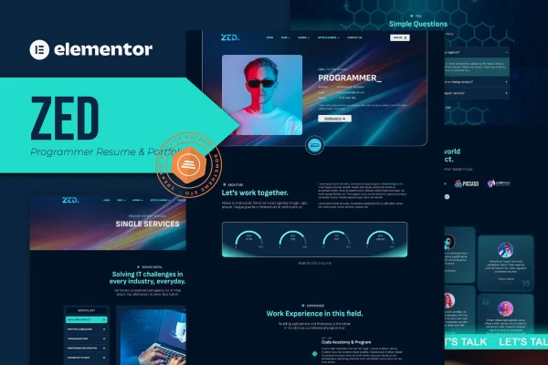 Zed programmer resume and portfolio Elementor template kit preview