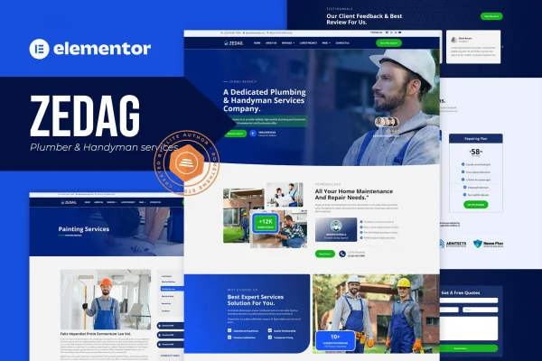 Zedag plumber and handyman services Elementor template kit preview