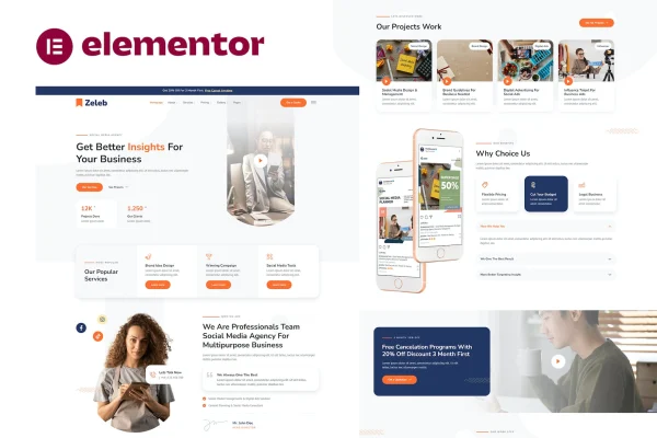 Zeleb social media marketing and digital advertising Elementor template kit preview