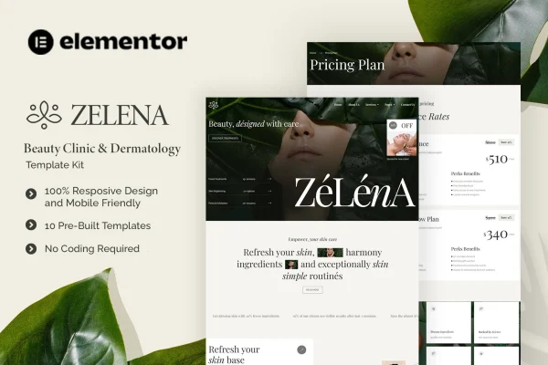 Zelena beauty clinic and dermatology Elementor template kit preview