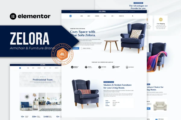 Zelora furniture brand Elementor template kit preview with armchair website pages