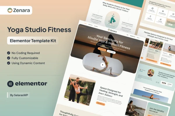 Zenara yoga studio and fitness Elementor template kit preview