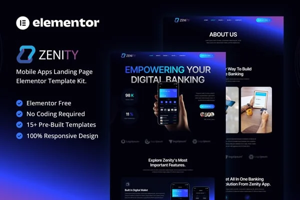Zenity mobile app landing page Elementor template kit preview