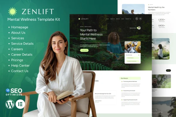 Zenlift mental health clinic Elementor template kit preview with calm page layouts