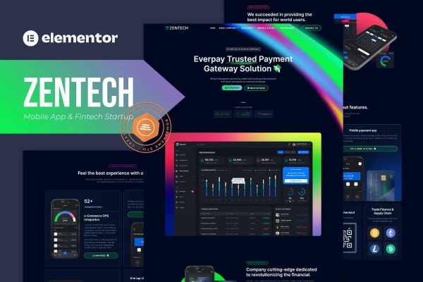Zentech mobile app and fintech startup Elementor template kit preview