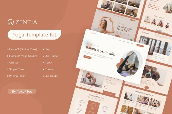 Zentia yoga teacher and studio Elementor template kit preview