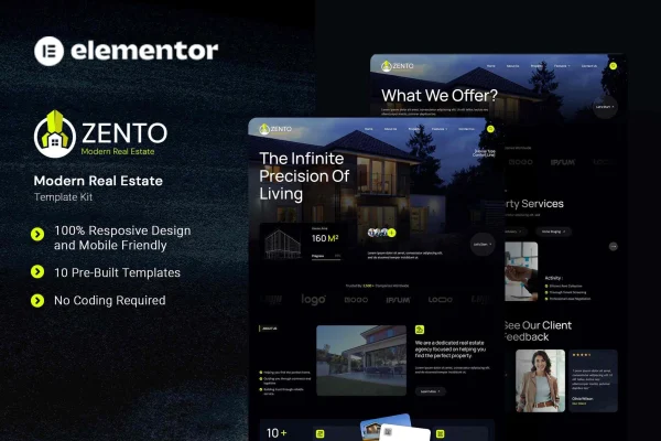 Zento real estate Elementor template kit preview with property listing layouts