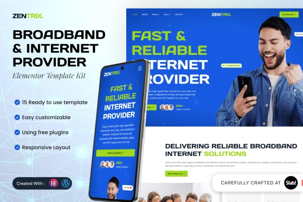 Zentrix broadband and internet provider Elementor template kit preview