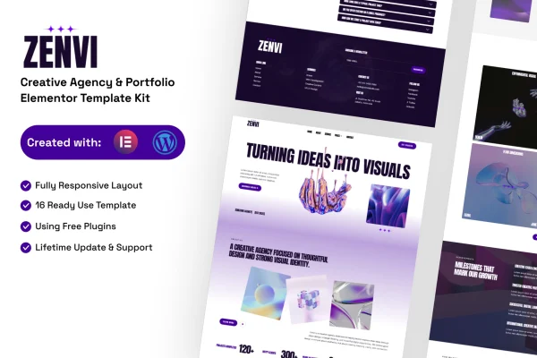 Zenvi creative agency and portfolio Elementor template kit preview