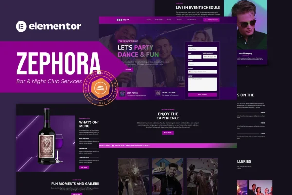 Zephora bar and nightclub Elementor template kit preview