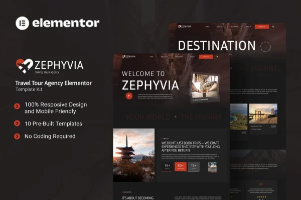 Zephyvia travel tour agency Elementor template kit preview