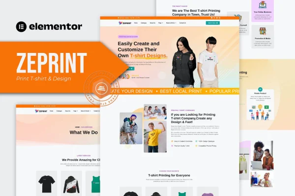 Zeprint t-shirt printing Elementor template kit preview