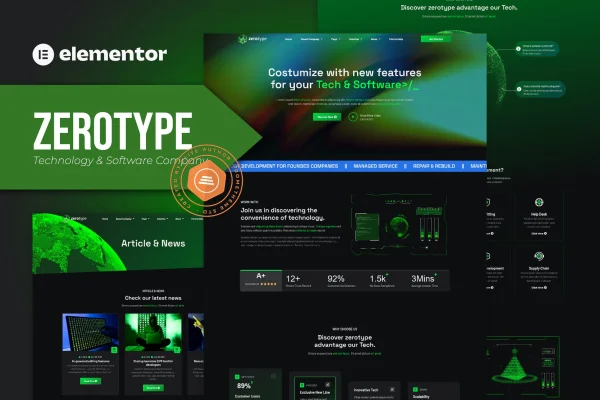 Zerotype Elementor template kit preview for technology and software company websites