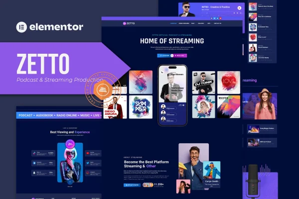 Zetto podcast and streaming production Elementor template kit preview