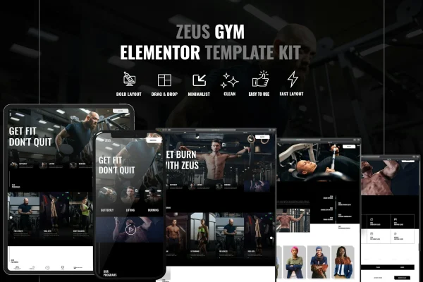 Zeus gym and fitness Elementor template kit preview showing bold fitness website pages