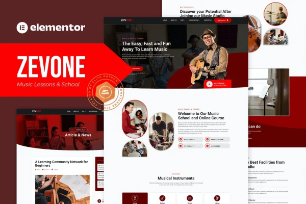 Zevone music lessons and school Elementor template kit cover image