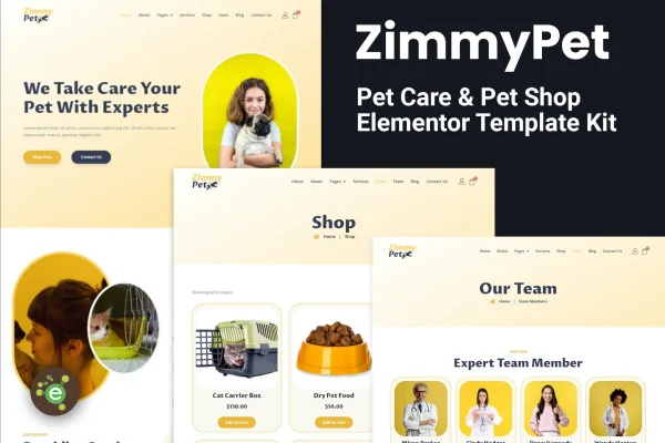 ZimmyPet pet care and store Elementor template kit preview