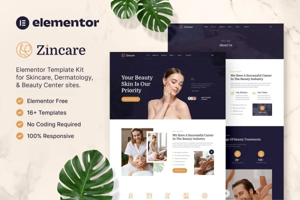 Zincare skincare and dermatology Elementor template kit preview