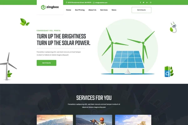 Zingbox Theme banner for a wind and solar energy WordPress website