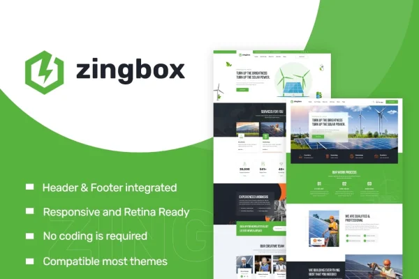 Zingbox wind and solar energy Elementor template kit preview
