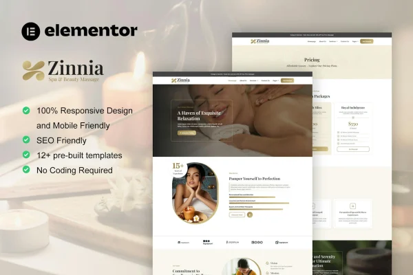 Zinnia spa and beauty care Elementor Pro template kit cover image