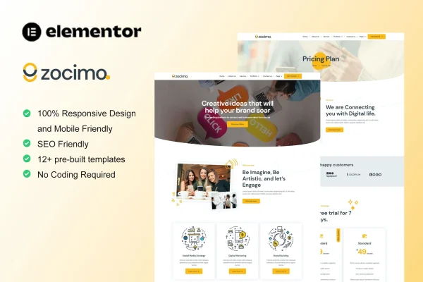 Zocimo social media marketing agency Elementor template kit preview