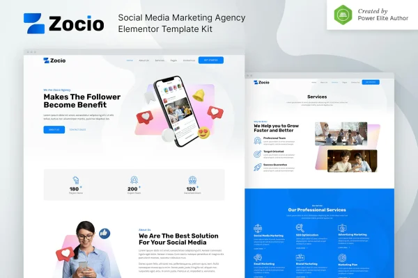 Zocio social media marketing agency Elementor template kit preview