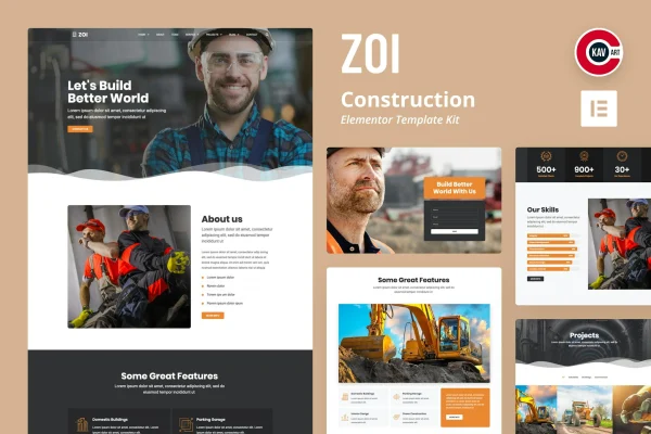 ZOI construction template kit cover showing Elementor page designs