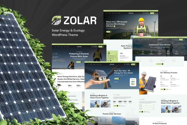 Zolar solar energy WordPress theme preview with service and project pages