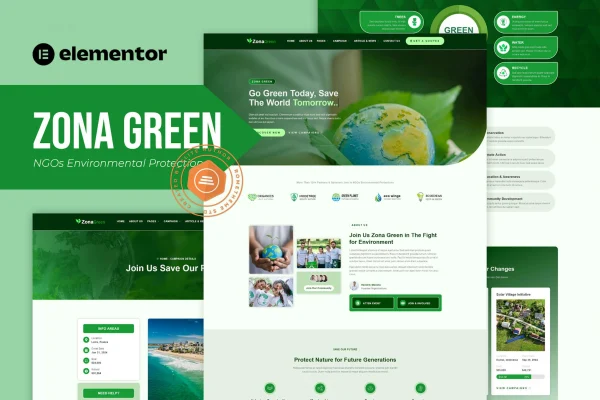 Zona Green Elementor template kit preview for environmental NGO websites