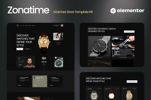 Zonatime dark theme watch store Elementor template kit preview