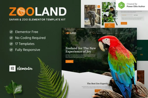 Zooland safari and zoo Elementor template kit cover showing wildlife website page designs