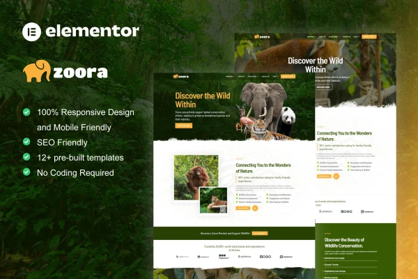 Zoora safari and zoo Elementor Pro template kit preview
